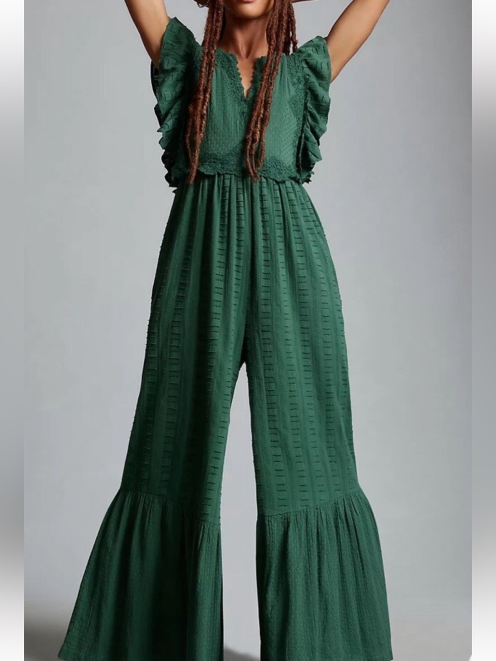 Anthropologie Forest Green Embroidered V-Neck jumpsuit size small nwt